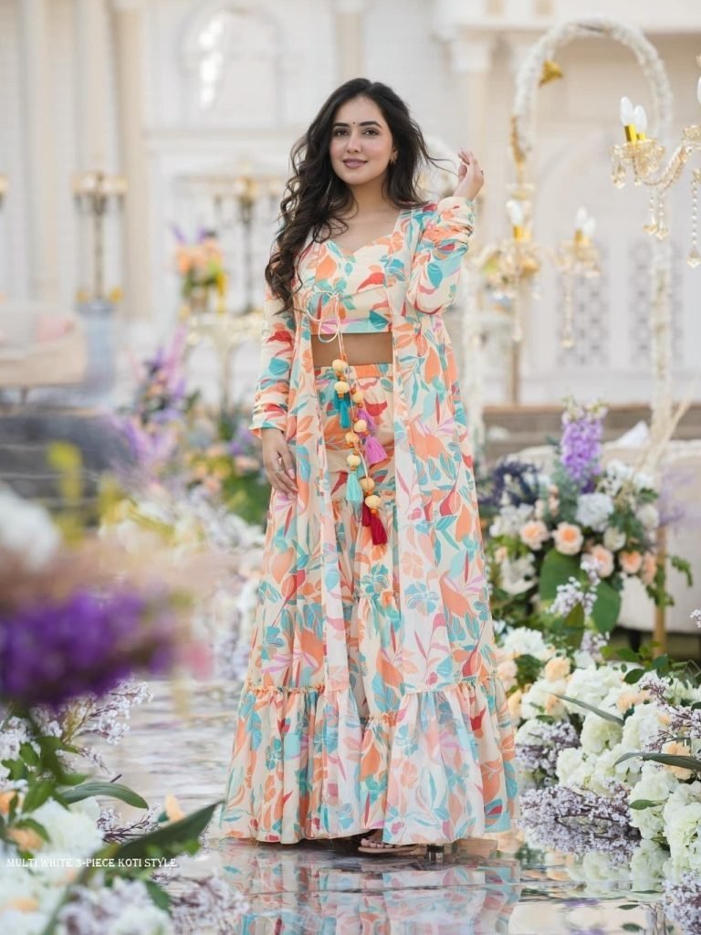 multi white 3 piece koti style 1713517869 Multi White 3 piece Koti Style Digital Print Indo Western Suit by Fab Funda