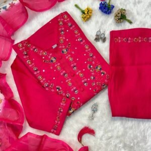 Muslin Dark Pink Hand Work Kurti Pant Set With Dupatta