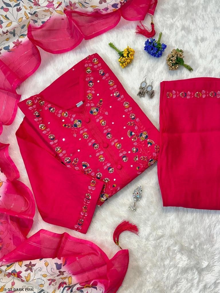 muslin dark pink hand work kur 1725359638 Muslin Dark Pink Hand Work Kurti Pant Set With Dupatta