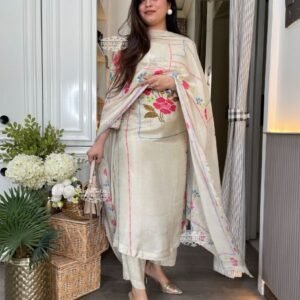 Muslin White Printed Stylish Kurti Dupatta With Matching Pants