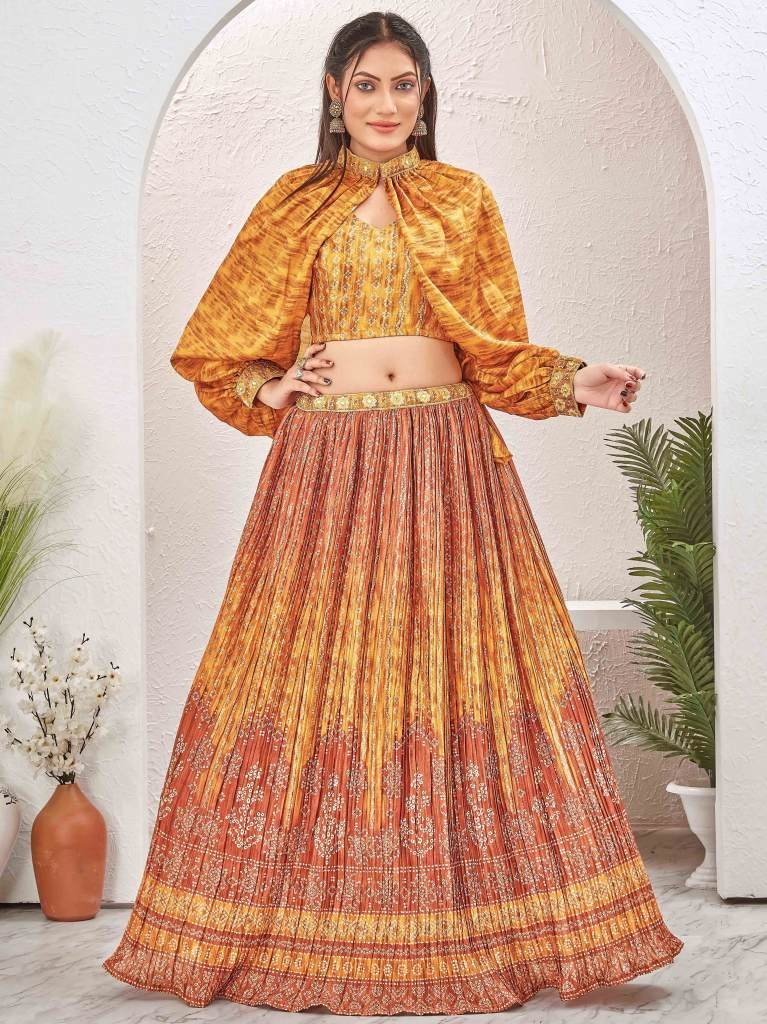 mustard color silk blend crush 1713959447 Mustard color Silk Blend Crushed Readymade Lehenga Choli