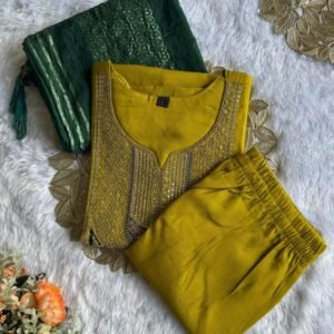 Mustard Elegance Embroidered Kurti Set with Green Dupatta