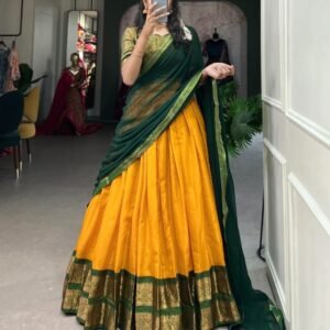 Mustard Kanchipuram Silk Lehenga Choli With Green Dupatta