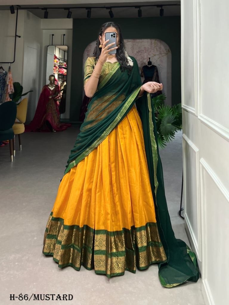 mustard kanchipuram silk lehen 1725014520 Mustard Kanchipuram Silk Lehenga Choli With Green Dupatta
