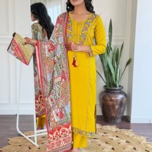 Mustard Viscose Embroidered Straight Kurti Pant With Art Silk Printed Dupatta