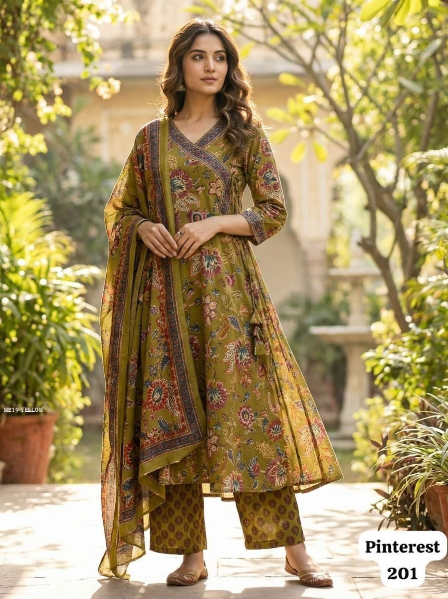 mustard yellow rayon printed k 1773061000 Mustard Yellow Rayon Printed Kurti Pant Set With Dupatta