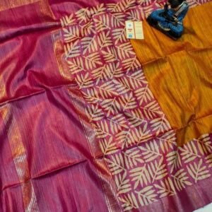 Musterd And Pink Screen Printed Original Tussar Ghicha Silk Saree 12