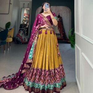 Musterd Foil Print With Patola Tussar Silk Lehenga
