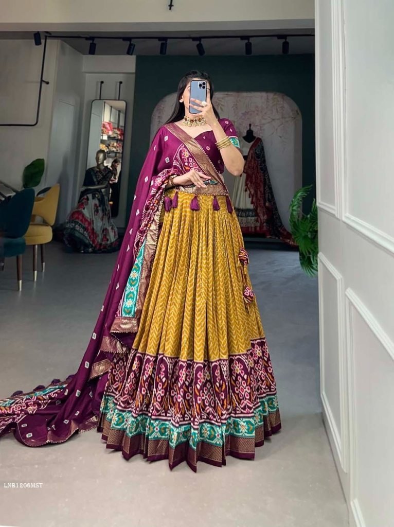 musterd foil print with patola 1712752328 Musterd Foil Print With Patola Tussar Silk Lehenga