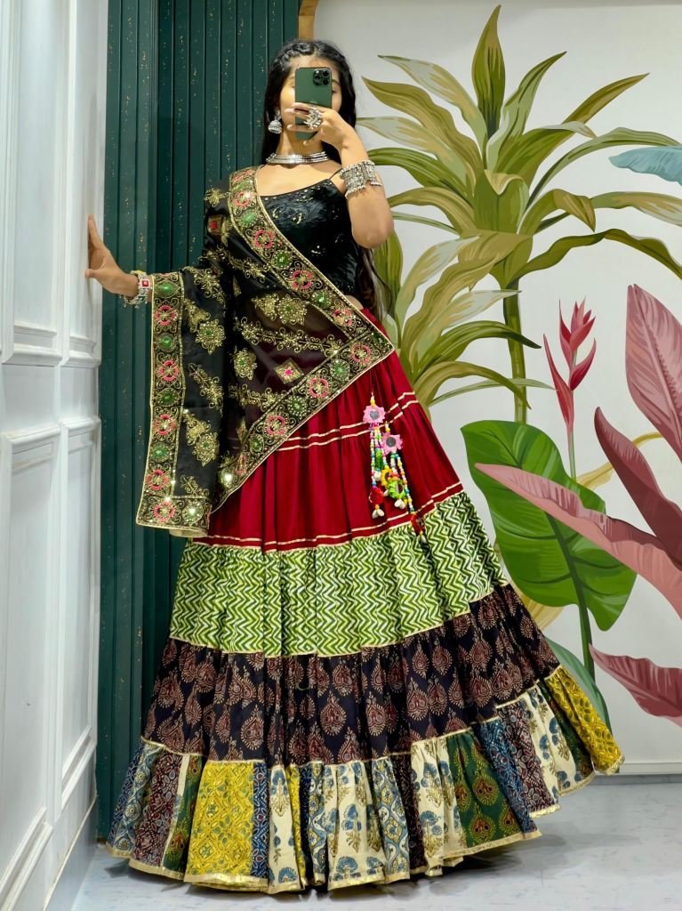 navratri 10 meter flair leheng 1751105296 Navratri 10 Meter Flair Lehenga With Spaghetti Style Blouse