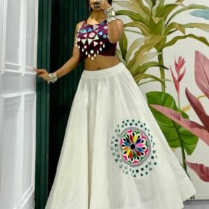 Navratri Fully Flared Lehenga With Wine Halter Neck Blouse