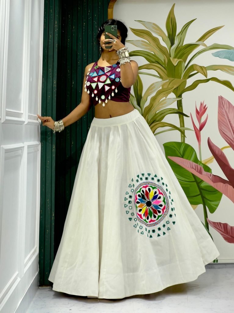 navratri fully flared lehenga 1751020290 Navratri Fully Flared Lehenga With Wine Halter Neck Blouse