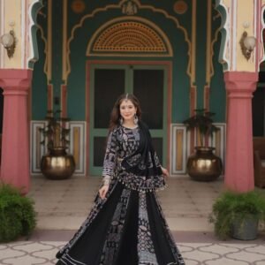 Navratri Gota Patti Lace Printed Rayon Black Lehenga Choli