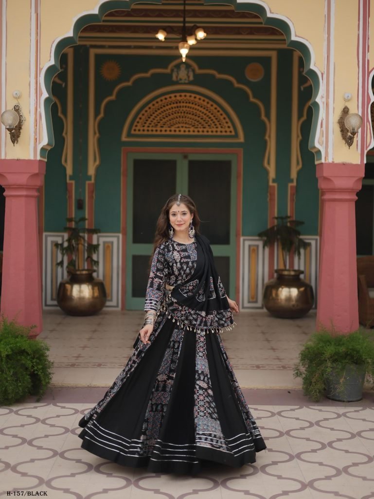 navratri gota patti lace print 1726662959 Navratri Gota Patti Lace Printed Rayon Black Lehenga Choli