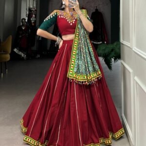 Navratri Special Cotton Red Lehenga and Stitched Blouse With Dupatta