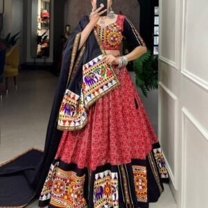 Navratri Special Red Pure Cotton Lehenga Choli Set With Gamthi Work