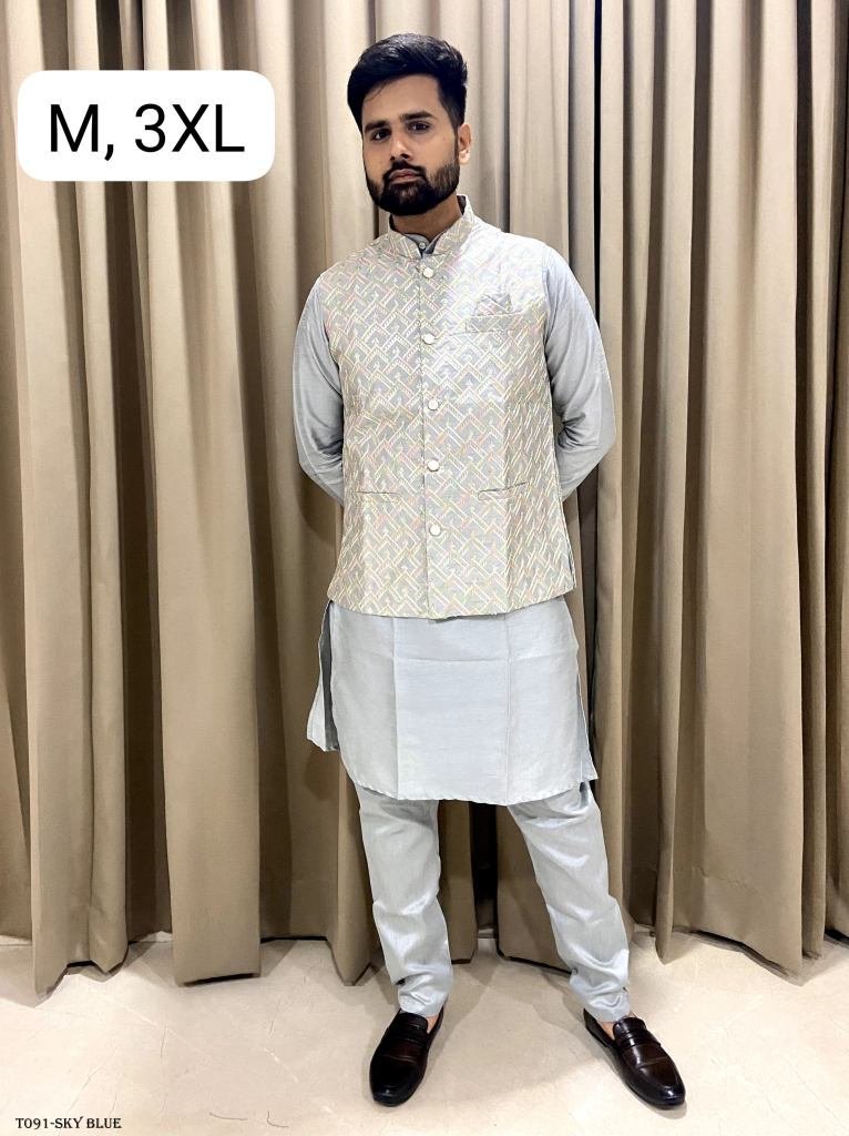 navratri special sky blue kurt 1718697703 Navratri Special Sky Blue Kurta Pyjama With Jacket For Men