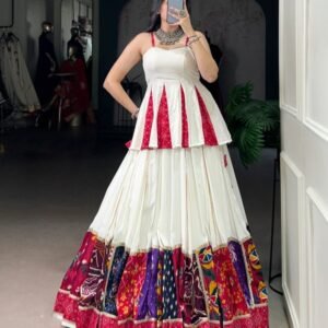 Navratri Special White Rayon Lehenga With Multi Color Patch Work