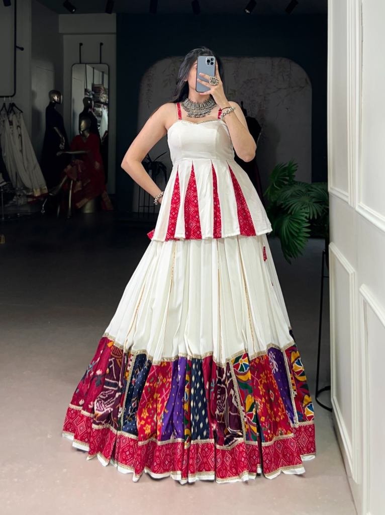 navratri special white rayon l 1758107132 Navratri Special White Rayon Lehenga With Multi Color Patch Work