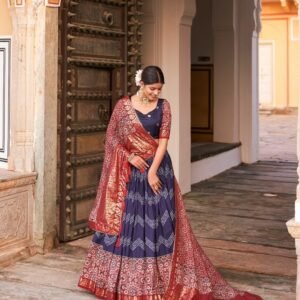 Navy Blue Ajarakh Printed Tussar Silk Lehenga Choli