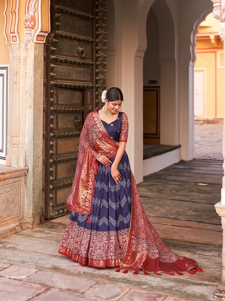 navy blue ajarakh printed tuss 1712926678 Navy Blue Ajarakh Printed Tussar Silk Lehenga Choli