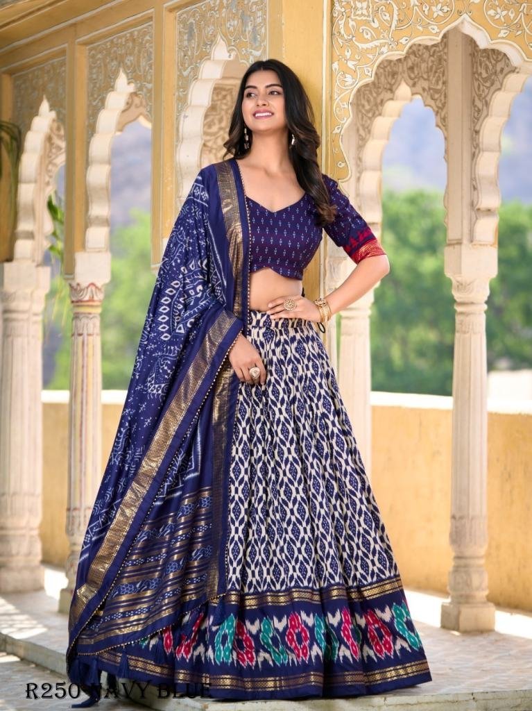 navy blue beautiful ikkat prin 1724922097 Navy Blue Beautiful Ikkat Printed Tussar Silk Lehenga Choli With Foil Work