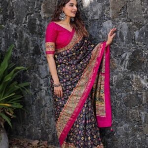 Navy Blue Beautiful Wedding Foil Printed Dola Silk Saree With One Meter Blouse