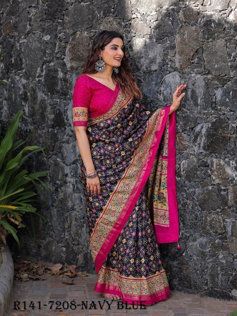 navy blue beautiful wedding fo 1720774064 Navy Blue Beautiful Wedding Foil Printed Dola Silk Saree With One Meter Blouse