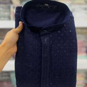 Navy Blue Chikan Work Rayon Kurta Pyjama