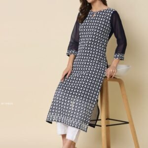 Navy Blue Chikankari Embroidered Kurti Pant Set