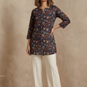 Navy Blue Cotton Blend Printed Top