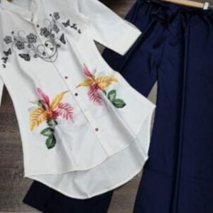 Navy Blue Full Stitch Printed Cotton Top With Plazo
