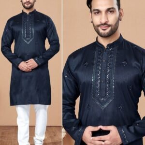 Navy Blue Festival Wear Designer Embroidery Work Silk Men Kurta With Payjama