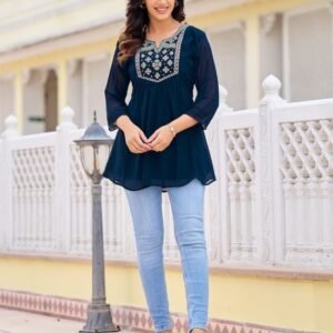 Navy Blue Georgette ladies Top With Embroidery Work