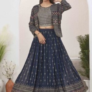 Navy Blue Georgette Readymade Lehenga With Jacket