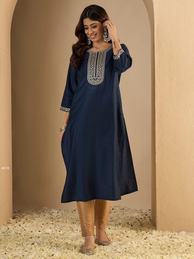 navy blue indian ethnic wear k 1766225008 Navy Blue Indian Ethnic Wear Kurti Pant Set