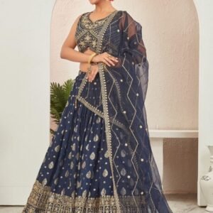 Navy Blue Jacquard Dola Silk Lehenga Choli Set