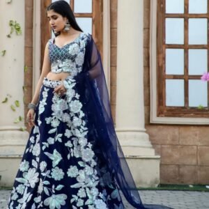 Navy Blue Kasturi Silk Georgette Lehenga With Sequence Work