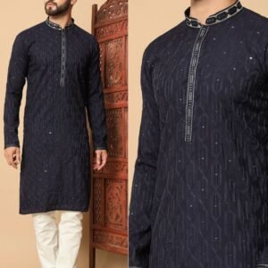 Navy Blue Party Wear Silk Kurta With Cotton Pajama