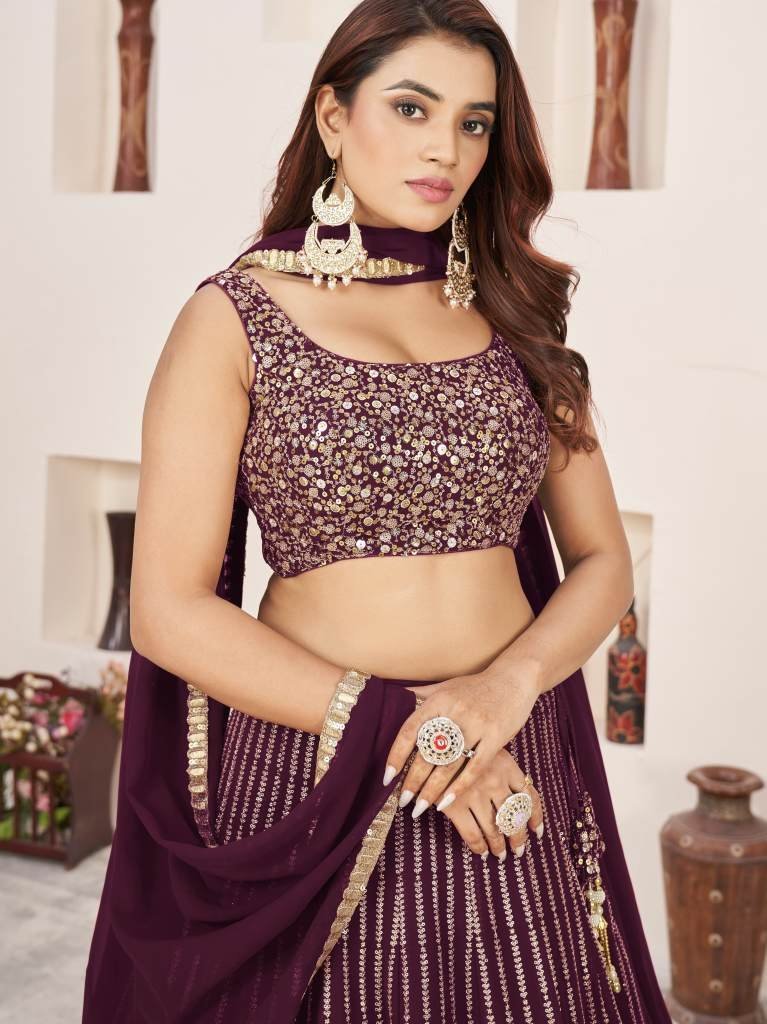nazneen butterfly vol 2 george 1713327720 Nazneen Butterfly Vol 2 Georgette Wine Lehenga 6160