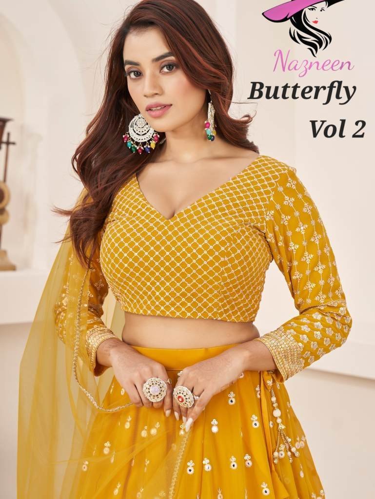 nazneen butterfly vol 2 george 1713327918 Nazneen Butterfly Vol 2 Georgette Yellow Lehenga 6161