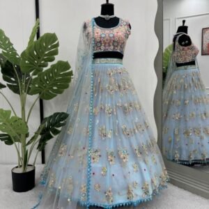 Net Sky Blue Lehenga Choli With Sequnce Work