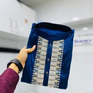 Nevy Blue Aabhushan Silk Men Kurta With Payjama