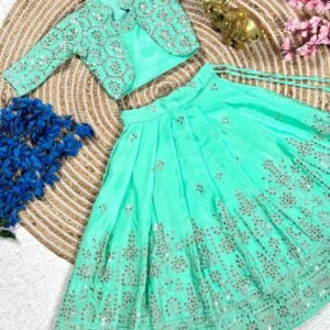 New Aqua Blue Kids Ethnic Lehenga With Full Sleeves Koti