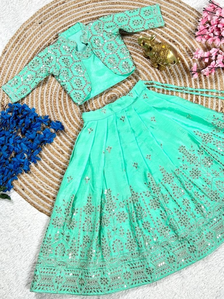 new aqua blue kids ethnic lehe 1737634590 New Aqua Blue Kids Ethnic Lehenga With Full Sleeves Koti