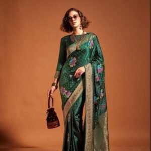 New Arrival Branded Dark Green Floral Printed Satin Silk Saree For Women