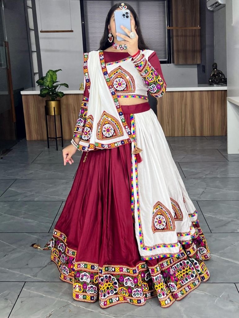 new arrival gamthi patch work 1746690897 New Arrival Gamthi Patch Work Maroon And White Chaniya Choli