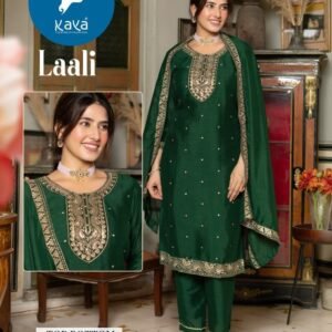 New Arrival Laali Brand Dark Green Straight Cut Vichitra Silk Kurtis With Dupatta