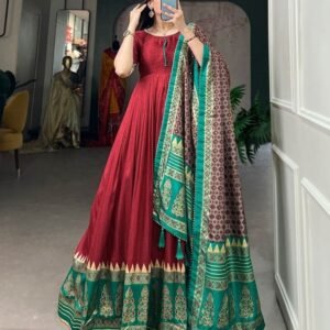 New Arrival Maroon Color Print With Foil Print Tussar Silk Gown
