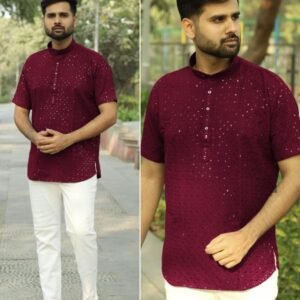 New Arrival Maroon Lucknowi Work Rayon Short Men Kurta